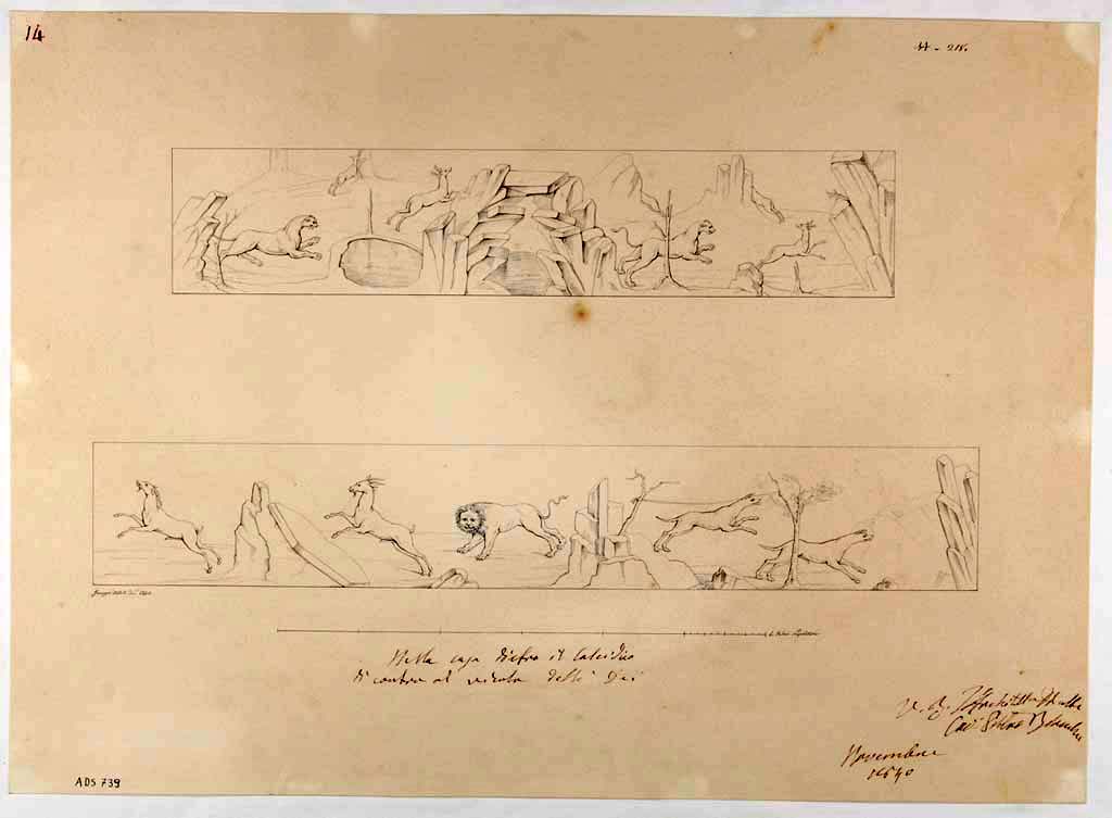 VII.10.3 Pompeii. Drawing by Giuseppe Abbate, 1840, of copy of paintings seen on zoccolo in atrium showing hunt of the wild beasts. 
Now in Naples Archaeological Museum. Inventory number ADS 739.
Photo © ICCD. http://www.catalogo.beniculturali.it
Utilizzabili alle condizioni della licenza Attribuzione - Non commerciale - Condividi allo stesso modo 2.5 Italia (CC BY-NC-SA 2.5 IT)
