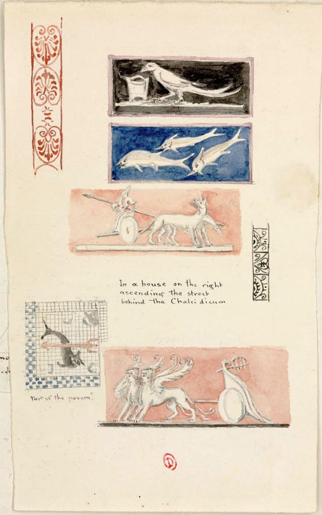 VII.10.3 Pompeii. Painted between 1819 and 1832 by William Gell, described as “In a house on the right ascending the street behind the Chalcidicum”.
In our room 12, Fiorelli identified two paintings of chariots.
See Gell, W. Pompeii unpublished [Dessins de l'édition de 1832 donnant le résultat des fouilles post 1819 (?)] vol II, pl. 91v.
Bibliothèque de l'Institut National d'Histoire de l'Art, collections Jacques Doucet, Identifiant numérique Num MS180 (2).
See book in INHA Use Etalab Licence Ouverte
