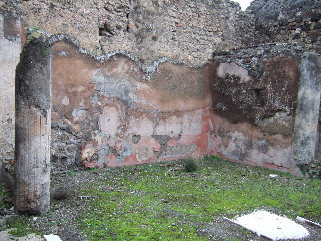 VII.10.3 Pompeii. December 2005. North wall and north-east corner of garden room 13.
According to Jashemski, on this wall was the large animal painting, but nothing now remains of this painting except the wide red border.  According to Helbig, on the left, painted in its natural size, was a boar expecting an attack from a bear moving towards it. On the right a lion lay behind a rock, his expression grim as if his peace had been disturbed.  In front lay another lion with its mouth half open, and in front of him stood a deer with front paw poised ready for flight. In the background a leopard pursued a gazelle.
See Helbig, W., 1868. Wandgemälde der vom Vesuv verschütteten Städte Campaniens. Leipzig: Breitkopf und Härtel. 1583, 1584.

