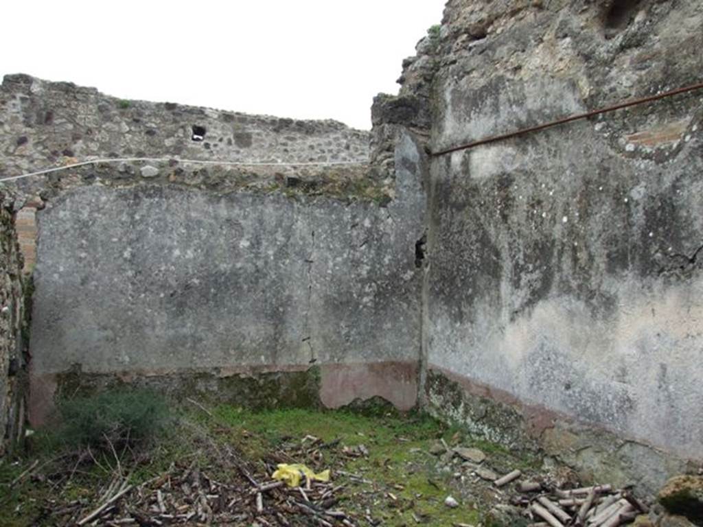 VII.10.12 Pompeii. March 2009. Looking east across triclinium in south-east corner of atrium, with remains of painted plaster.