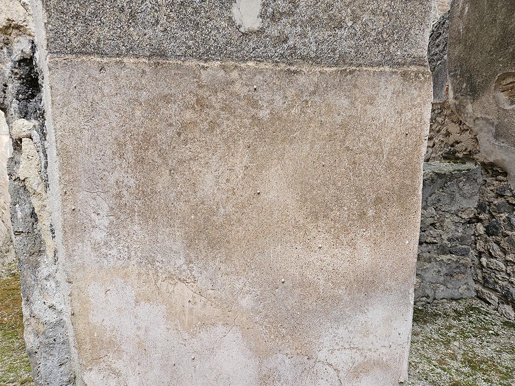VII.11.11/14 Pompeii. November 2024. 
Room 8, east side of atrium, stucco on zoccolo at south end between doorways to rooms 12 and 13. Photo courtesy of Annette Haug.
