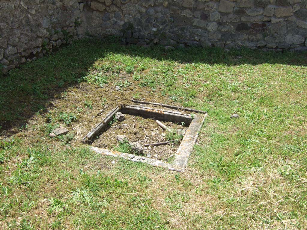 VII.12.3 Pompeii. May 2006. According to Jashemski, at the west end of the garden was a shallow marble pool which had a fountain.  
The marble fountain statuette of a nude boy sitting on the ground, grasping the head and tail of a dolphin appears to have come from this house.
The find spot is given as “Vicolo di Augusto, prima casa a destra, peristilio” and was found on 1st June 1863. The statuette still shows some traces of colour.
The statue is now in the Naples Archaeological Museum, inventory number 6112.
See Jashemski, W. F., 1993. The Gardens of Pompeii, Volume II: Appendices. New York: Caratzas. (p.193)
