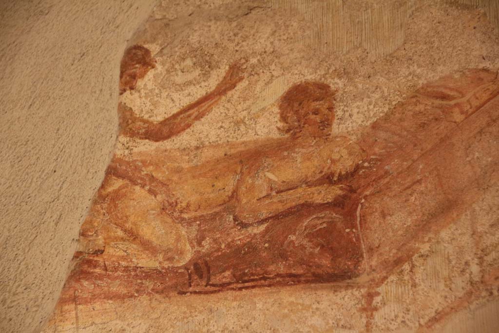 VII.12.18 Pompeii. April 2014. Remains of painted erotic wall fresco on frieze. Photo courtesy of Klaus Heese.