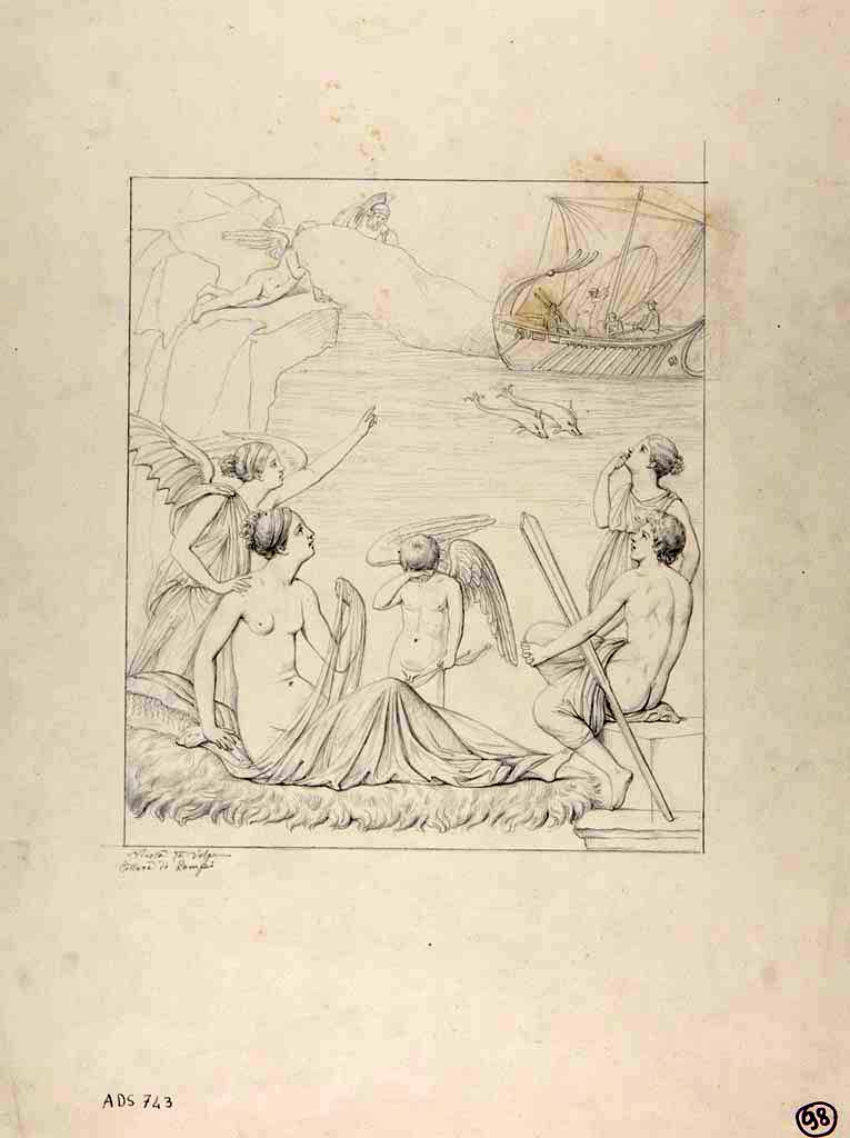 VII.12.26 Pompeii. Drawing by Nicola La Volpe, of painting of Ariadne abandoned, now faded and lost, which would have been seen on the north wall of triclinium.
Now in Naples Archaeological Museum. Inventory number ADS 743.
Photo © ICCD. http://www.catalogo.beniculturali.it
Utilizzabili alle condizioni della licenza Attribuzione - Non commerciale - Condividi allo stesso modo 2.5 Italia (CC BY-NC-SA 2.5 IT)
