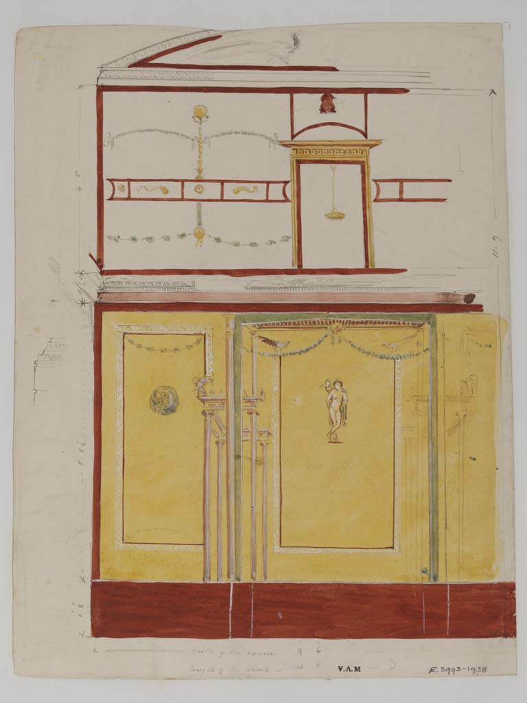 VII.13.4 Pompeii. c.1840. Painting by James William Wild, showing side and central panel of a wall in the cubiculum.
Photo  Victoria and Albert Museum, inventory number E.3993-1938.
