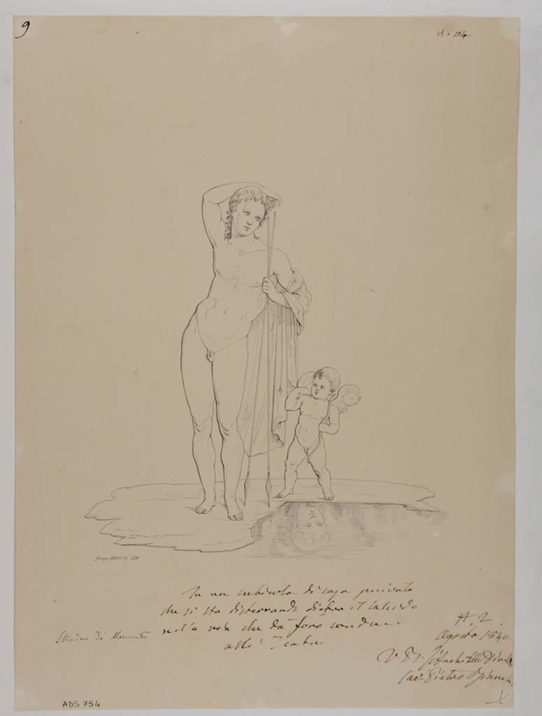 VII.13.4 Pompeii. Drawing by Giuseppe Abbate, 1840, of a painting of Narcissus with a cupid, from cubiculum.
See Helbig, W., 1868. Wandgemlde der vom Vesuv verschtteten Stdte Campaniens. Leipzig: Breitkopf und Hrtel, (1350).
Now in Naples Archaeological Museum. Inventory number ADS 754.
Photo  ICCD. http://www.catalogo.beniculturali.it
Utilizzabili alle condizioni della licenza Attribuzione - Non commerciale - Condividi allo stesso modo 2.5 Italia (CC BY-NC-SA 2.5 IT)
