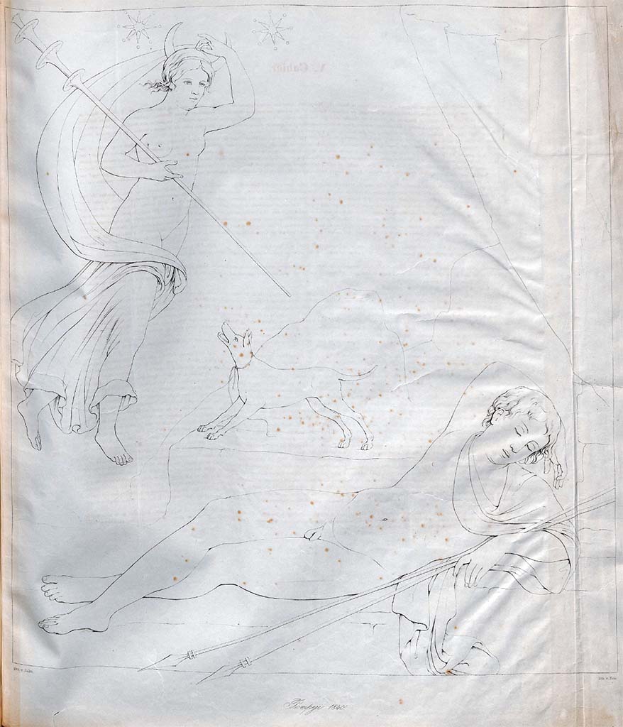 VII.13.4 Pompeii. Drawing by Zahn, 1840. Drawing of painting by Zahn of Endymion and Diane (Selene?).
According to Zahn this painting was found on a yellow wall surrounded by a reddish/brown border of one and a half inches, in the same room the Seasons, see below, were painted similarly on a yellow background. 
See Zahn, W., 1842-44. Die schnsten Ornamente und merkwrdigsten Gemlde aus Pompeji, Herkulanum und Stabiae: II. Berlin: Reimer, taf. 41. 