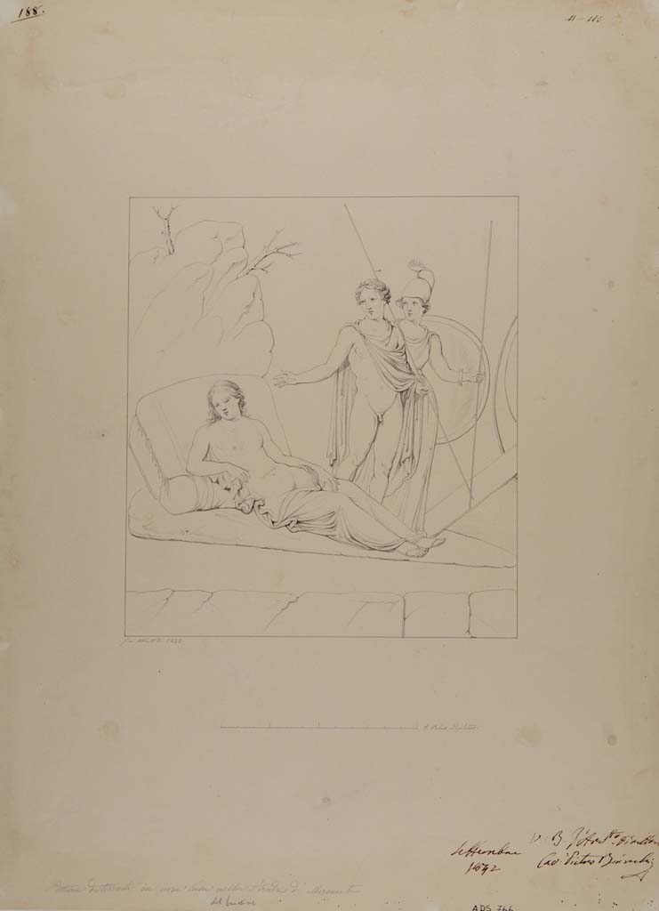 VII.14.5 Pompeii. Drawing by Giuseppe Abbate, 1842, of painting showing Theseus and Ariadne.
This painting was left in situ in room 12 and has now completely disappeared. 
See Helbig, W., 1868. Wandgemlde der vom Vesuv verschtteten Stdte Campaniens. Leipzig: Breitkopf und Hrtel, (1221).
Now in Naples Archaeological Museum. Inventory number ADS 766.
Photo  ICCD. http://www.catalogo.beniculturali.it
Utilizzabili alle condizioni della licenza Attribuzione - Non commerciale - Condividi allo stesso modo 2.5 Italia (CC BY-NC-SA 2.5 IT)
