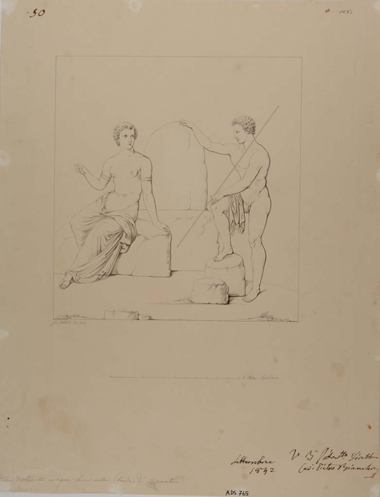 VII.14.5 Pompeii. Drawing by Giuseppe Abbate, 1842, of painting showing Io and Argo. 
This painting was left in situ in room 12 and has now completely disappeared. 
See Helbig, W., 1868. Wandgemlde der vom Vesuv verschtteten Stdte Campaniens. Leipzig: Breitkopf und Hrtel, (134).
Now in Naples Archaeological Museum. Inventory number ADS 765.
Photo  ICCD. http://www.catalogo.beniculturali.it
Utilizzabili alle condizioni della licenza Attribuzione - Non commerciale - Condividi allo stesso modo 2.5 Italia (CC BY-NC-SA 2.5 IT)
