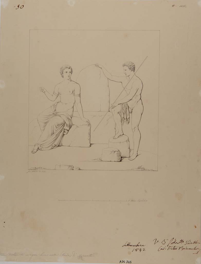 VII.14.5 Pompeii. Drawing by Giuseppe Abbate, 1842, of painting showing Io and Argo. 
This painting was left in situ in room 12 and has now completely disappeared. 
See Helbig, W., 1868. Wandgemlde der vom Vesuv verschtteten Stdte Campaniens. Leipzig: Breitkopf und Hrtel, (134).
Now in Naples Archaeological Museum. Inventory number ADS 765.
Photo  ICCD. http://www.catalogo.beniculturali.it
Utilizzabili alle condizioni della licenza Attribuzione - Non commerciale - Condividi allo stesso modo 2.5 Italia (CC BY-NC-SA 2.5 IT)
