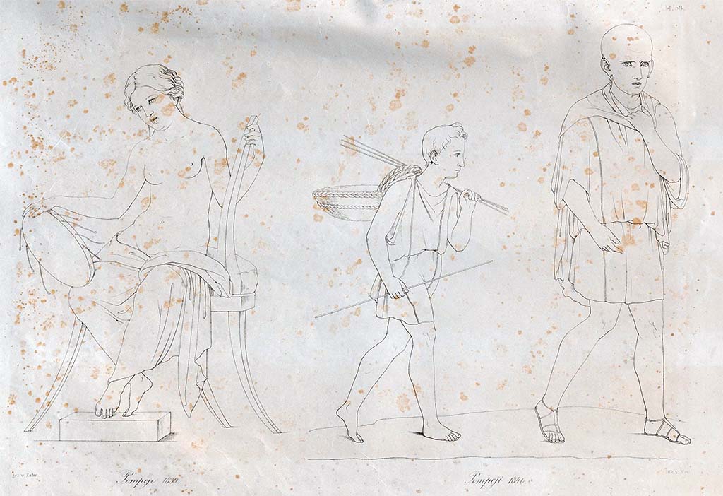 VII.14.15 Pompeii. 1840. Drawing of two fishermen, on the right, by Zahn, however he states –
“The second painting represents country people in a house next to the Casa del Cignale.”
The painting on the left, discovered 1839 in Pompeii, he wrote was –
“The bacchante in a house of the Strada della Fortuna, sitting, holding a tambourine, painted on a white background, with yellow drapery. 
The cushion of the seat on which she sits, is purple.”
See Zahn, W., 1842-44. Die schönsten Ornamente und merkwürdigsten Gemälde aus Pompeji, Herkulanum und Stabiae: II. Berlin: Reimer, taf. 58.

