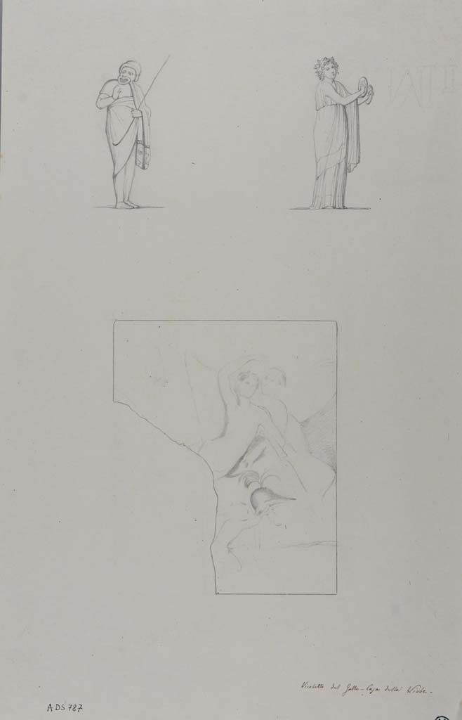 VII.15.2 Pompeii. Drawing by Geremia Discanno, of figure of comic actor, (top left) a painting seen in oecus/triclinium on west side of tablinum.
The other drawings are paintings from the walls of the triclinium on east side of tablinum.
According to Sogliano, the figure was seen on a red background. 
See Sogliano, A., 1879. Le pitture murali campane scoverte negli anni 1867-79. Napoli: Giannini, p.133, no.650.
See Bullettino dell’Instituto di Corrispondenza Archeologica (DAIR), 1872, p.239,
See Fiorelli, Scav.di Pompei, p.147, n.420, and Descrizione Pompei, p.306.
Now in Naples Archaeological Museum. Inventory number ADS 787.
Photo © ICCD. http://www.catalogo.beniculturali.it
Utilizzabili alle condizioni della licenza Attribuzione - Non commerciale - Condividi allo stesso modo 2.5 Italia (CC BY-NC-SA 2.5 IT)
