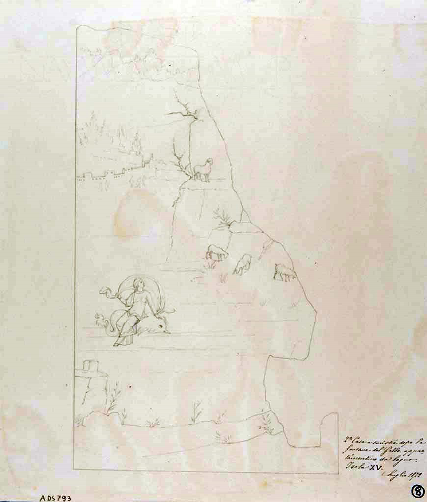 VII.15.2 Pompeii. 1871? Drawing by Geremia Discanno, of fragment of painting of Galatea on a dolphin (nothing remains of the figure of Polyphemus) from west wall.
Sogliano described the painting as “destroyed on the right side”.
See Sogliano, A., 1879. Le pitture murali campane scoverte negli anni 1867-79. Napoli: Giannini, p.78, no.470.
Now in Naples Archaeological Museum. Inventory number ADS 793.
Photo © ICCD. http://www.catalogo.beniculturali.it
Utilizzabili alle condizioni della licenza Attribuzione - Non commerciale - Condividi allo stesso modo 2.5 Italia (CC BY-NC-SA 2.5 IT)
