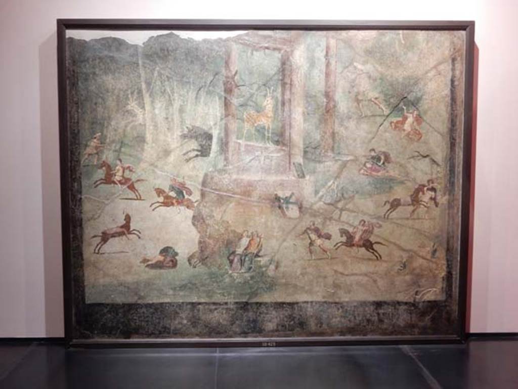 VII.15.2 Pompeii. May 2010. Slaughter of the Niobids from north wall of apodyterium. Apollo and his sister Artemis kill the children of Amphion and Niobe with poison arrows. This is in revenge for Niobe boasting that she had more children than their mother Latona. Now in Naples Archaeological Museum.  Inventory number 111479.
See Bragantini, I and Sampaolo, V., Eds, 2009. La Pittura Pompeiana. Verona: Electa.  (p. 270, Fig 115)
