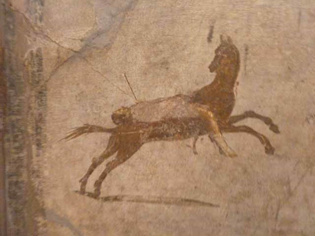 VII.15.2 Pompeii. May 2010. Detail from Slaughter of the Niobids from north wall of apodyterium. The children of Niobe are killed with poisoned arrows. Now in Naples Archaeological Museum.  Inventory number 111479.