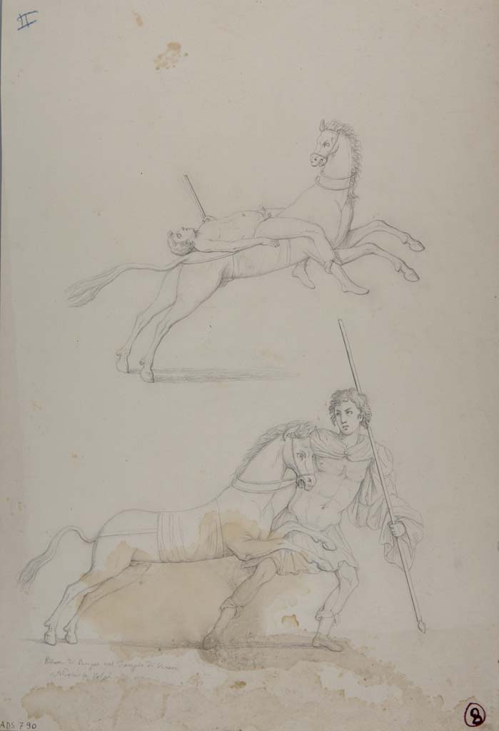 VII.15.2 Pompeii. Drawing by Nicola La Volpe, of detail from painting of Slaughter of the Niobids from north wall of apodyterium/exedra.  
Now in Naples Archaeological Museum. Inventory number ADS 790.
Photo © ICCD. http://www.catalogo.beniculturali.it
Utilizzabili alle condizioni della licenza Attribuzione - Non commerciale - Condividi allo stesso modo 2.5 Italia (CC BY-NC-SA 2.5 IT)
