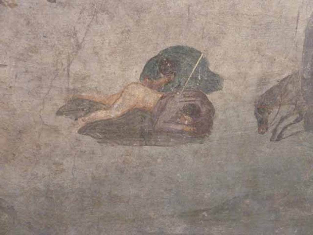 VII.15.2 Pompeii. May 2010. Detail from Slaughter of the Niobids from north wall of apodyterium.  The children of Niobe are killed with poisoned arrows. Now in Naples Archaeological Museum.  Inventory number 111479. See Bragantini, I and Sampaolo, V., Eds, 2009. La Pittura Pompeiana. Verona: Electa.  (p. 270, Fig 115) 