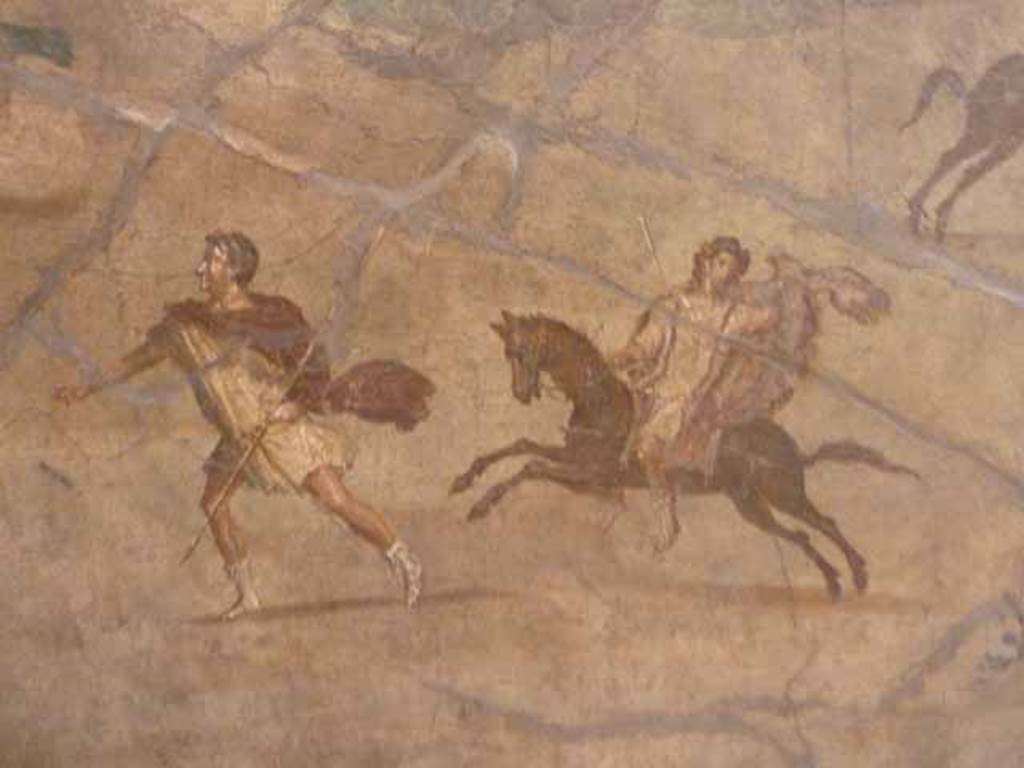 VII.15.2 Pompeii. May 2010. Detail from Slaughter of the Niobids from north wall of apodyterium.  The sons of Niobe try to flee on foot or by horse but escape is futile. Now in Naples Archaeological Museum.  Inventory number 111479.
