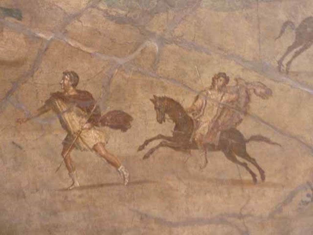 VII.15.2 Pompeii. May 2010. Detail from Slaughter of the Niobids from north wall of apodyterium.  The sons of Niobe try to flee on foot or by horse but escape is futile. Now in Naples Archaeological Museum.  Inventory number 111479.