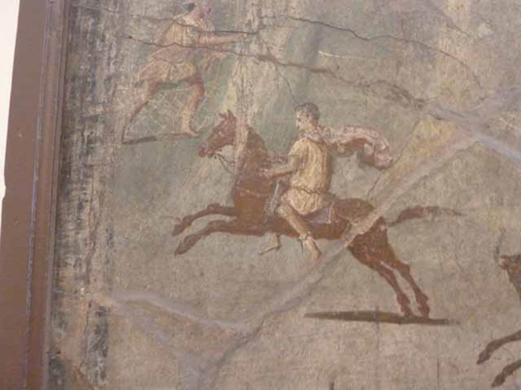 VII.15.2 Pompeii. May 2010. Detail from Slaughter of the Niobids from north wall of apodyterium. The children of Niobe try to flee the deadly arrows but are in chaos. Now in Naples Archaeological Museum.  Inventory number 111479.