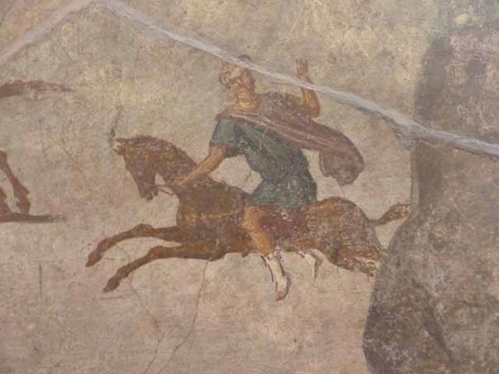 VII.15.2 Pompeii. May 2010. Detail from Slaughter of the Niobids from north wall of apodyterium. The children of Niobe try to flee the deadly arrows but are in chaos. Now in Naples Archaeological Museum.  Inventory number 111479.