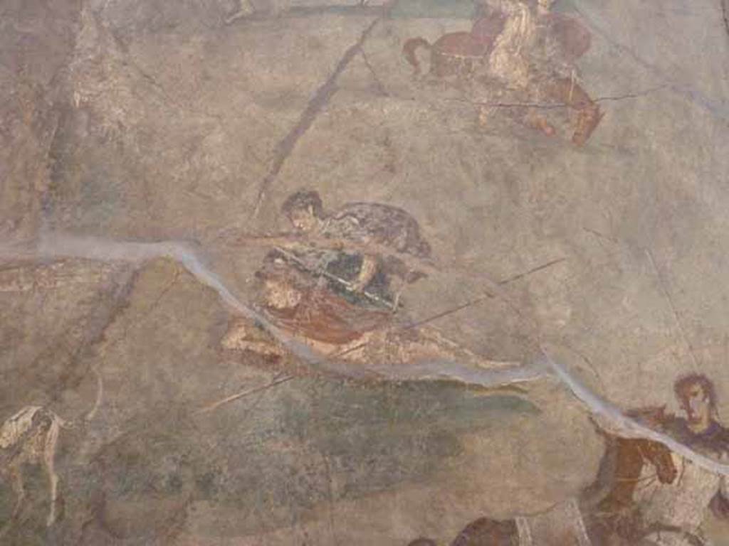 VII.15.2 Pompeii. May 2010. Detail from Slaughter of the Niobids from north wall of apodyterium.  The Niobids try to escape the deadly arrows which is futile. Now in Naples Archaeological Museum.  Inventory number 111479.