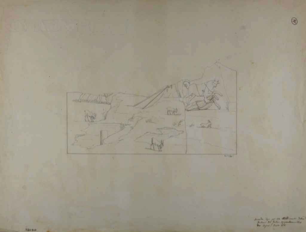 VII.15.2 Pompeii. Drawing by Geremia Discanno, of painting of the Punishment of Dirce, from east wall of apodyterium/exedra.
Only the lower half of the painting was preserved.  
See Sogliano, A., 1879. Le pitture murali campane scoverte negli anni 1867-79. Napoli: Giannini, p.84, no.503.
Now in Naples Archaeological Museum. Inventory number ADS 801.
Photo © ICCD. http://www.catalogo.beniculturali.it
Utilizzabili alle condizioni della licenza Attribuzione - Non commerciale - Condividi allo stesso modo 2.5 Italia (CC BY-NC-SA 2.5 IT)
