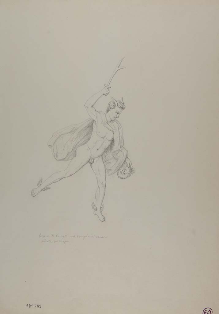 VII.15.2 Pompeii. Drawing by Nicola La Volpe, of detail of Perseus in flight, from painting of the freeing of Andromeda.
Now in Naples Archaeological Museum. Inventory number ADS 789.
Photo © ICCD. http://www.catalogo.beniculturali.it
Utilizzabili alle condizioni della licenza Attribuzione - Non commerciale - Condividi allo stesso modo 2.5 Italia (CC BY-NC-SA 2.5 IT)
