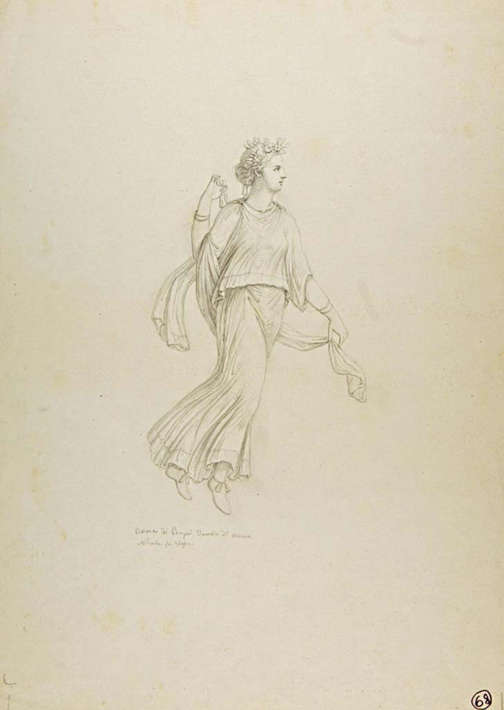 VII.15.2 Pompeii. Drawing by Nicola La Volpe, of female figure in flight, perhaps from this house. 
Written on the drawing is “Pittura di Pompei Tempio di Venere” but he described all of his drawings from this house, in this way.
Now in Naples Archaeological Museum. Inventory number ADS 707.
Photo © ICCD. http://www.catalogo.beniculturali.it
Utilizzabili alle condizioni della licenza Attribuzione - Non commerciale - Condividi allo stesso modo 2.5 Italia (CC BY-NC-SA 2.5 IT)
See Carratelli, G. P., 1990-2003. Pompei: Pitture e Mosaici: Vol. VII. Roma: Istituto della enciclopedia italiana, p.758, no.101, where a very similar figure appears to be from the east end of the south wall.
