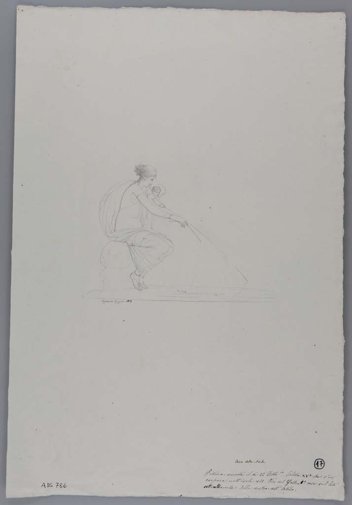 VII.15.2 Pompeii. Drawing by Geremia Discanno, 1872, of painting from south wall of east ala, showing Venus fishing. 
See Sogliano, A., 1879. Le pitture murali campane scoverte negli anni 1867-79. Napoli: Giannini, p.36, no.147.
See Bullettino dell’Instituto di Corrispondenza Archeologica (DAIR), 1872, p.171.
Fiorelli, Scav. di Pompei, p.115, n.88, and Descrizione Pomp. P.305.
Now in Naples Archaeological Museum. Inventory number ADS 786.
Photo © ICCD. http://www.catalogo.beniculturali.it
Utilizzabili alle condizioni della licenza Attribuzione - Non commerciale - Condividi allo stesso modo 2.5 Italia (CC BY-NC-SA 2.5 IT)
