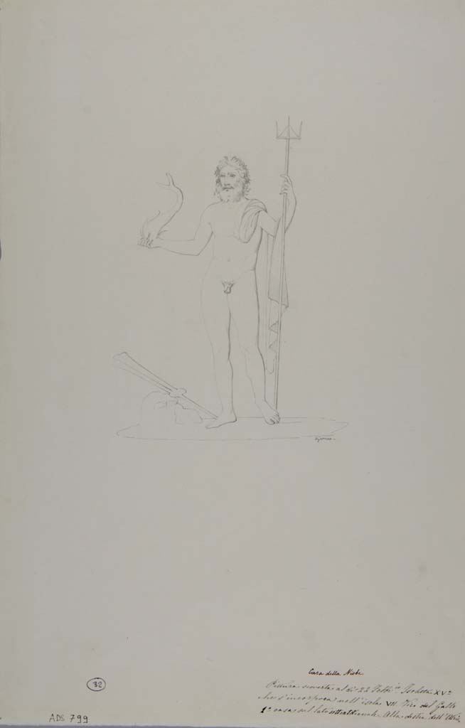 VII.15.2 Pompeii. Drawing by Geremia Discanno, of painting of Neptune from east wall of east ala.
See Sogliano, A., 1879. Le pitture murali campane scoverte negli anni 1867-79. Napoli: Giannini, p.25, no.94.
See Bullettino dell’Instituto di Corrispondenza Archeologica (DAIR), 1872, p.172.
Fiorelli, Scav. Di Pompei, p.112, n.67, and Descrizione Pomp. P.305.
Now in Naples Archaeological Museum. Inventory number ADS 799.
Photo © ICCD. http://www.catalogo.beniculturali.it
Utilizzabili alle condizioni della licenza Attribuzione - Non commerciale - Condividi allo stesso modo 2.5 Italia (CC BY-NC-SA 2.5 IT)
