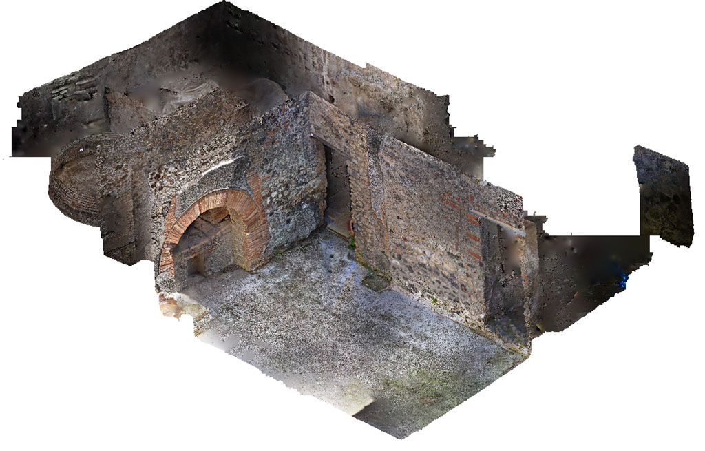 VII.15.16 Pompeii. 2019. 3D model of bakery area.
The oven is seen in the east wall with doorways to rooms O (left) and N (right) in the south wall.
Photo courtesy of Nicolas Monteix and colleagues.