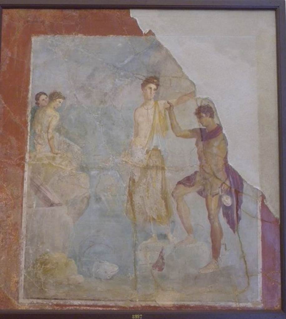 VII.16.10 Pompeii.  Found on 20th Feb 1851.  Oecus (10) on west side of atrium, adjoining the tablinum. Wall painting of Perseus freeing Andromeda. Cut from the wall and taken to Naples Archaeological Museum.  Inventory number 8997. See Prisciandaro, R., 2006. Studio sulle provenienze degli oggetti rinvenuti negli scavi borbonici del regno di Napoli. Naples : Nicola Longobardi.  (p.165). PAH II, 493.