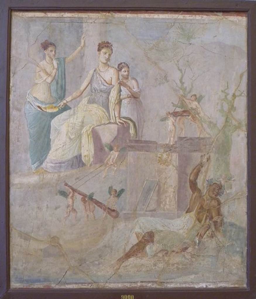 VII.16.10 Pompeii.  Found on 20th Feb 1851.  Oecus (10) on west side of atrium, adjoining the tablinum. Wall painting the drunken Hercules with Omphale and cupids who are stealing his club. Cut from the wall and taken to Naples Archaeological Museum.  Inventory number 9000. See Prisciandaro, R., 2006. Studio sulle provenienze degli oggetti rinvenuti negli scavi borbonici del regno di Napoli.  Naples : Nicola Longobardi.  (p.165).
PAH II, 493.
