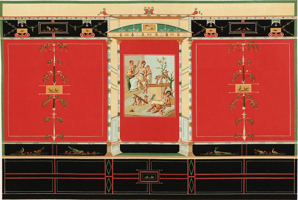 VII.16.10 Pompeii. Painting by Vincenzo Mollame of the wall of the oecus, with painting of Hercules and Omphale in the centre.
This was published by Niccolini in 1890 who describes it as being found 30 years previously in the Casa di Sirico.
However, the Hercules and Omphale painting is not identical to that in the Casa di Sirico which has more figures in its background.
The wall decoration is completely different from that in the Casa di Sirico which has more architectural features, yellow panels and an arabesque upper border. 
This Mollame painting corresponds with the painting by Abbate, ADS 805, the fresco MANN 9000, and the watercolour ADS 806, all from VII.16.10.
See Niccolini F, 1890. Le case ed i monumenti di Pompei: Volume Terzo. Napoli, L’Arte in Pompei, Tav. XXX. 
Our thanks to Justin Hicks for his help with this.

