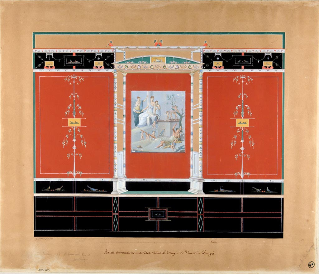 VII.16.10 Pompeii. 
Painting by Giuseppe Abbate, 1861, of the wall of the oecus, with painting of Hercules and Omphale in the centre which was found ten years previously.
Now in Naples Archaeological Museum. Inventory number ADS 805.
Photo © ICCD. https://www.catalogo.beniculturali.it/
Utilizzabili alle condizioni della licenza Attribuzione - Non commerciale - Condividi allo stesso modo 2.5 Italia (CC BY-NC-SA 2.5 IT)
