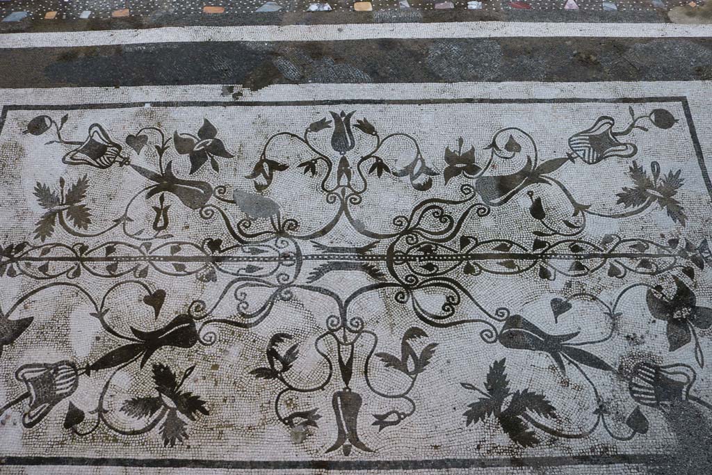 VII.16.13, Pompeii. December 2018. Entrance mosaic, looking west towards atrium flooring. Photo courtesy of Aude Durand.