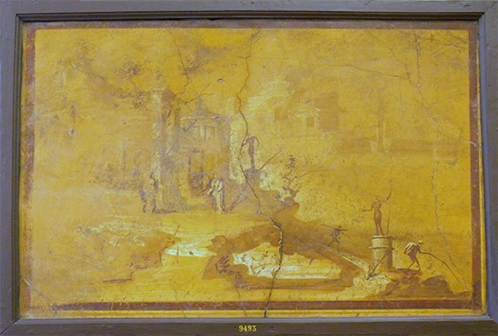 VII.16.22 Pompeii? Yellow monochrome landscape painting.
Now in Naples Archaeological Museum. Inventory number 9493.
Found 21st April 1759, one of 7 paintings “found on the hill that looks over the royal road”.
(According to Grimaldi, a similar painting was seen in the zoccolo, on the west side of the south wall of the atrium, see photo below).
See Aoyagi M. and Pappalardo U., 2006. Pompei (Regiones VI-VII) Insula Occidentalis,Vol.1. Napoli: Valtrend. (p.275)