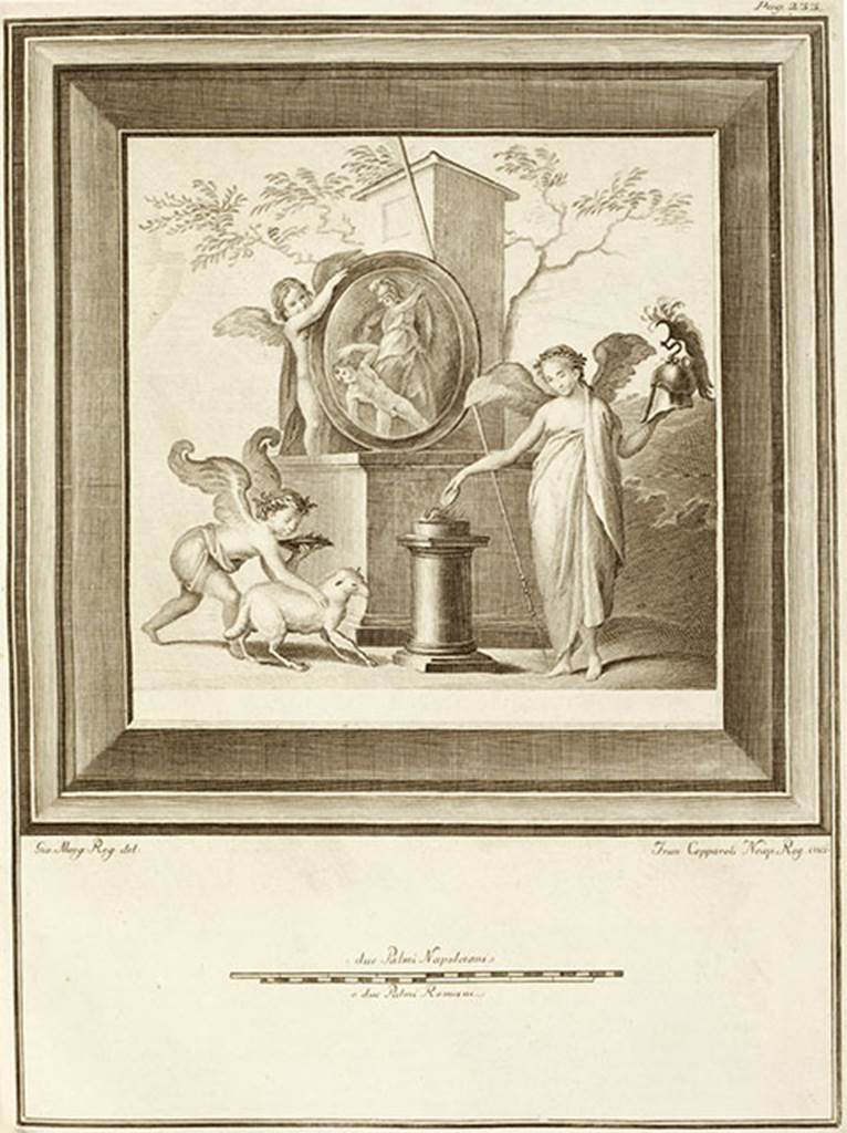 VII.16.17-22 Pompeii. Found 28th April 1759. Drawing of painting of three cupids and shield with a scene of a warrior about to kill another person.
See Antichità di Ercolano: Tomo Secondo: Le Pitture 2, 1760, Tav. XLI, p. 233.
Now in Naples Archaeological Museum. Inventory number 9234.
See Helbig, W., 1868. Wandgemälde der vom Vesuv verschütteten Städte Campaniens. Leipzig: Breitkopf und Härtel, 774.
