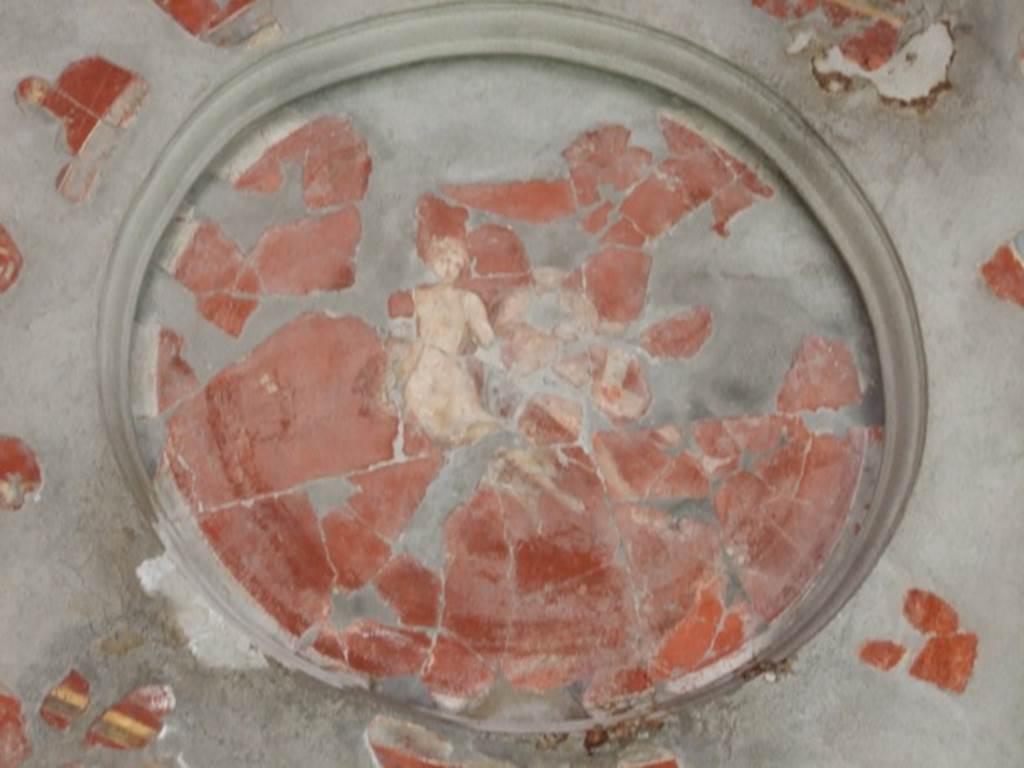 VII.16.17-22 Pompeii. December 2007. Detail of painted medallion with Satyr and Maenad from ceiling in oecus.