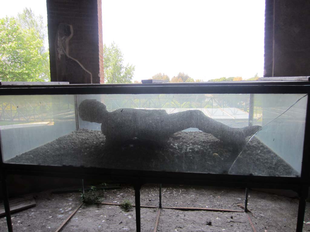 VII.16.17-22 Pompeii. May 2012.
Oecus 62, looking west towards a plaster cast made of a body, in oecus. Photo courtesy of Marina Fuxa.