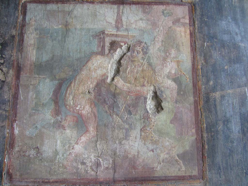 VII.16.17-22 Pompeii. May 2012.
Oecus 62, wall painting of Dionysus and Ariadne from centre of south wall of oecus. Photo courtesy of Marina Fuxa.