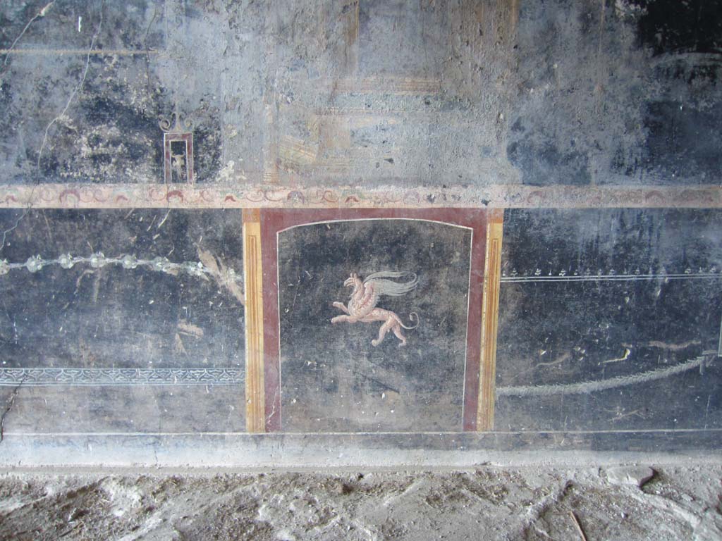 VII.16.17-22 Pompeii. May 2012.
Oecus 62, wall decoration of flying griffin in a panel in the zoccolo/dado or lower plinth. Photo courtesy of Marina Fuxa.