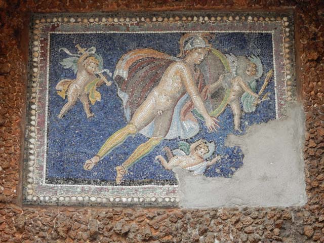 VII.16.a Pompeii. October 2020. Room 9, nymphaeum. Mosaic showing Mars and three cherubs. Photo courtesy of Klaus Heese.