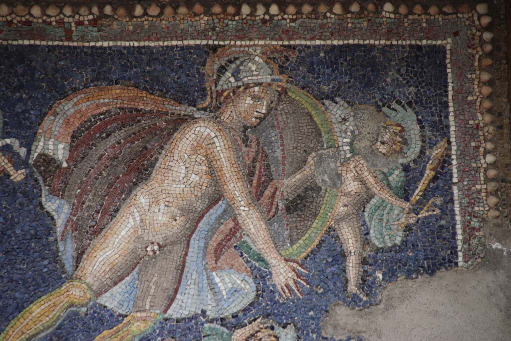 VII.16.a Pompeii. September 2021. 
Room 9, nymphaeum. Detail of mosaic centrepiece with Mars and three cherubs. Photo courtesy of Klaus Heese.
