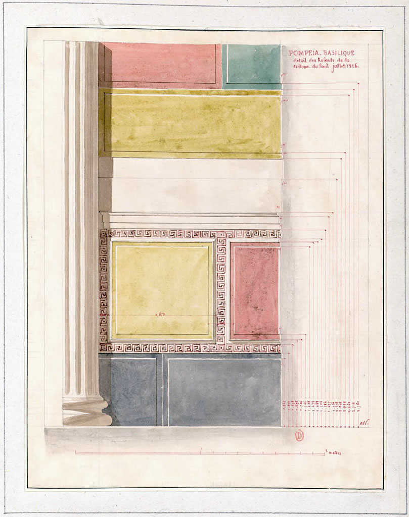 VIII.1.1 Pompeii. July 1826. Watercolour sketch by P.A. Poirot of detail of the side wall of the Tribunal.
See Poirot, P. A., 1826. Carnets de dessins de Pierre-Achille Poirot. Tome 2 : Pompeia, pl. 47.
See Book on INHA Document placé sous « Licence Ouverte / Open Licence » Etalab