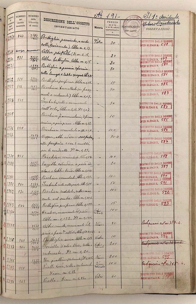 VIII.1.4 Pompeii Antiquarium. On exhibition March 2018. Inventory book.
A special stamp was used to help with the recording of finds destroyed in the 1943 bombing.
Photo courtesy Dr Sophie Hay. 
