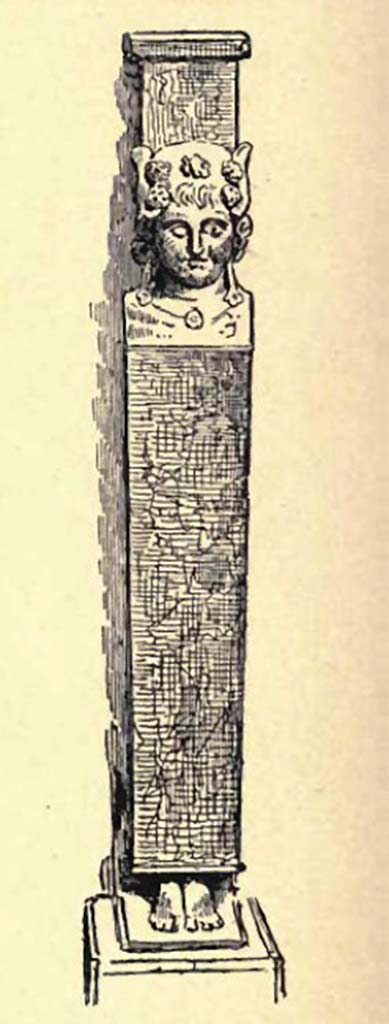VIII.1.4 Pompeii Antiquarium. Drawing by Gusman of marble foot of table, monopodium, from Pompeii Museum.
See Gusman P., 1900. Pompeii: The City, Its Life & Art. London: Heinemann, (p.398).
According to Fiorelli, the table-leg was made of coloured marble leaning on which was a herm made from “giallo antico” which represented a Bacchante crowned with vine-leaves and pinecones. 
See Fiorelli, G., 1877. Guida di Pompei. (p.108).
