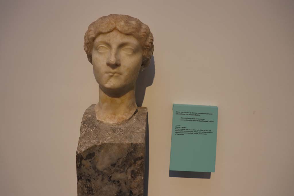 VIII.1.4 Pompeii. February 2021. Marble herm with the head of a woman, conventionally identified as Poppea Sabina,
found on eastern side of the garden, in Villa A, at Oplontis.
Photo courtesy of Fabien Bièvre-Perrin (CC BY-NC-SA).