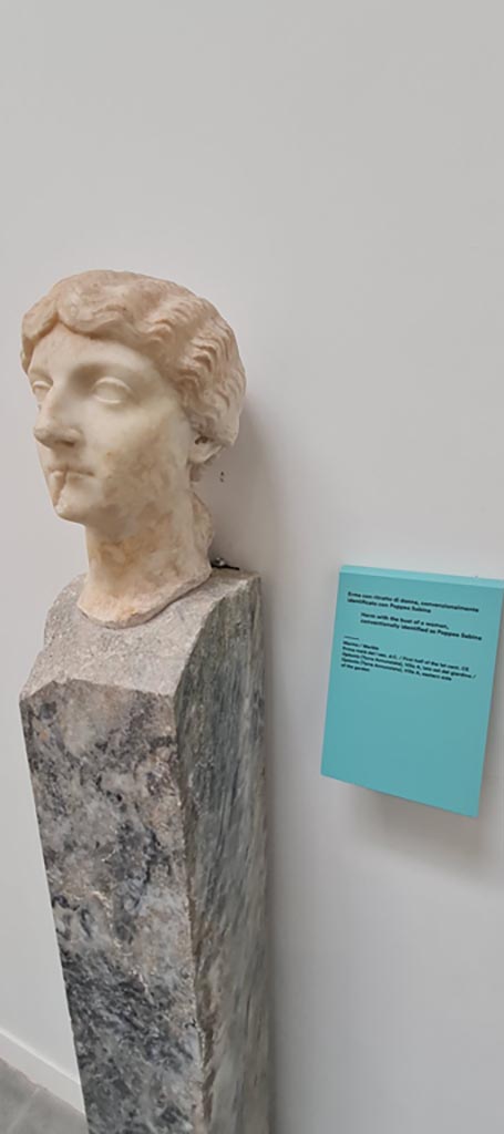 VIII.1.4 Pompeii. April 2022.
Marble herm with the head of a woman, conventionally identified as Poppea Sabina.
This was found on eastern side of the garden, in Villa A, at Oplontis.
Photo courtesy of Giuseppe Ciaramella.